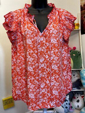 VOY Orange White Floral Ruffle Sleeve V Neck Blouse Size Medium